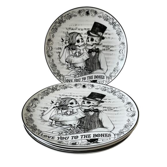 Eaton Fine Dining Halloween ‘Love You To The Bones’ 10.25” Plate Set of 4 - New! - Picture 7 of 15